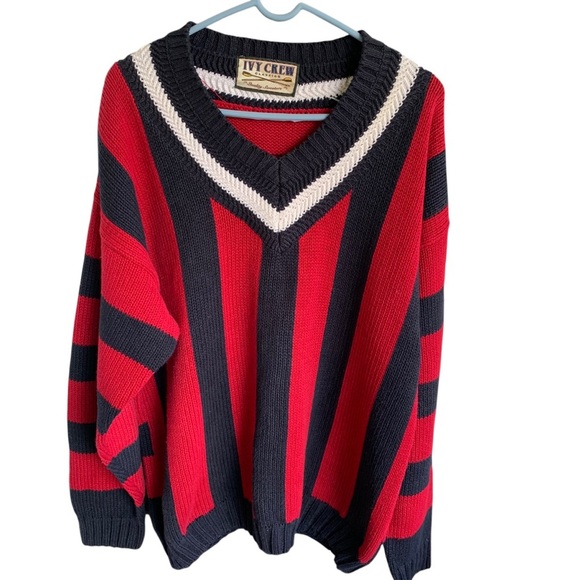 Vintage Ivy Crew Classics Stripe Sweater V-Neck Chunky Adult Size XL - Picture 1 of 6